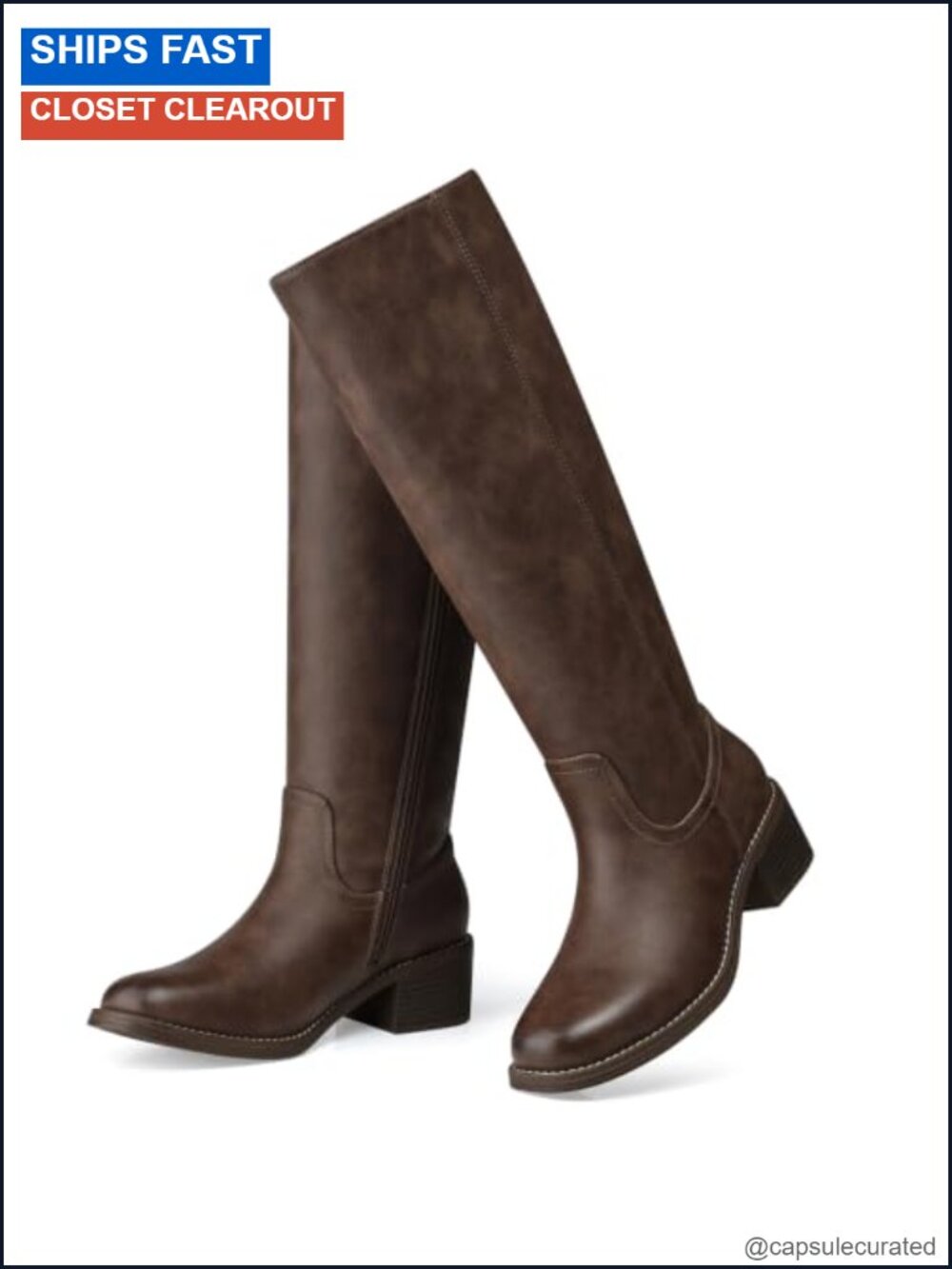 Women's Knee High Boots Low Heel Square Toe Faux Leather Non-Slip